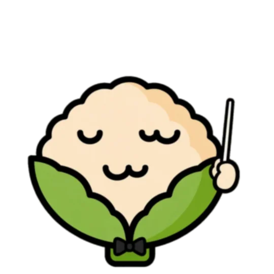 A cauliflower in a bow tie holds a conductor baton