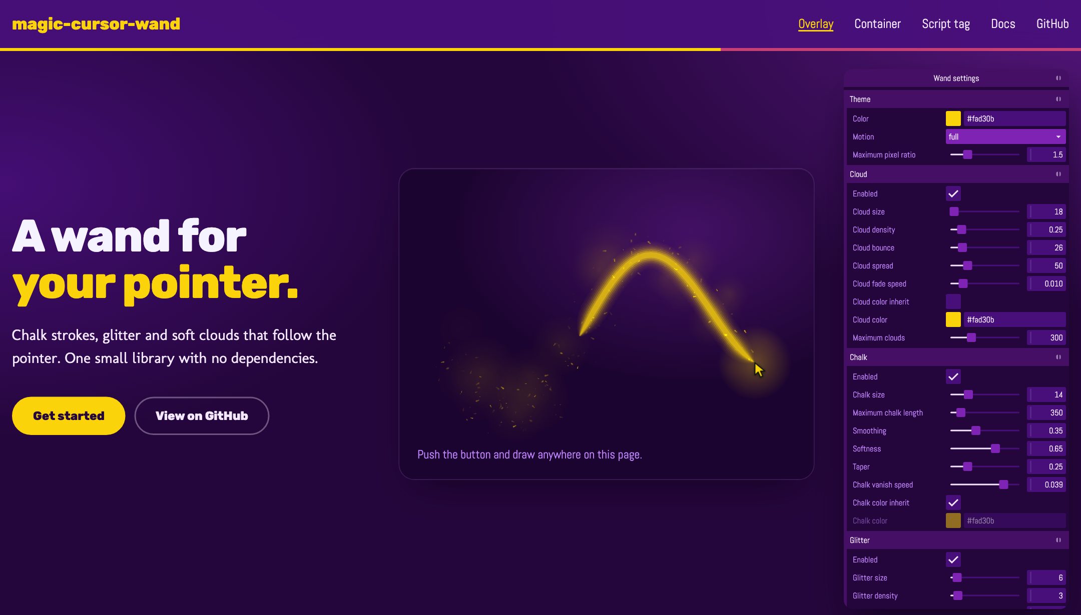 The demo page with a chalk line and the settings panel